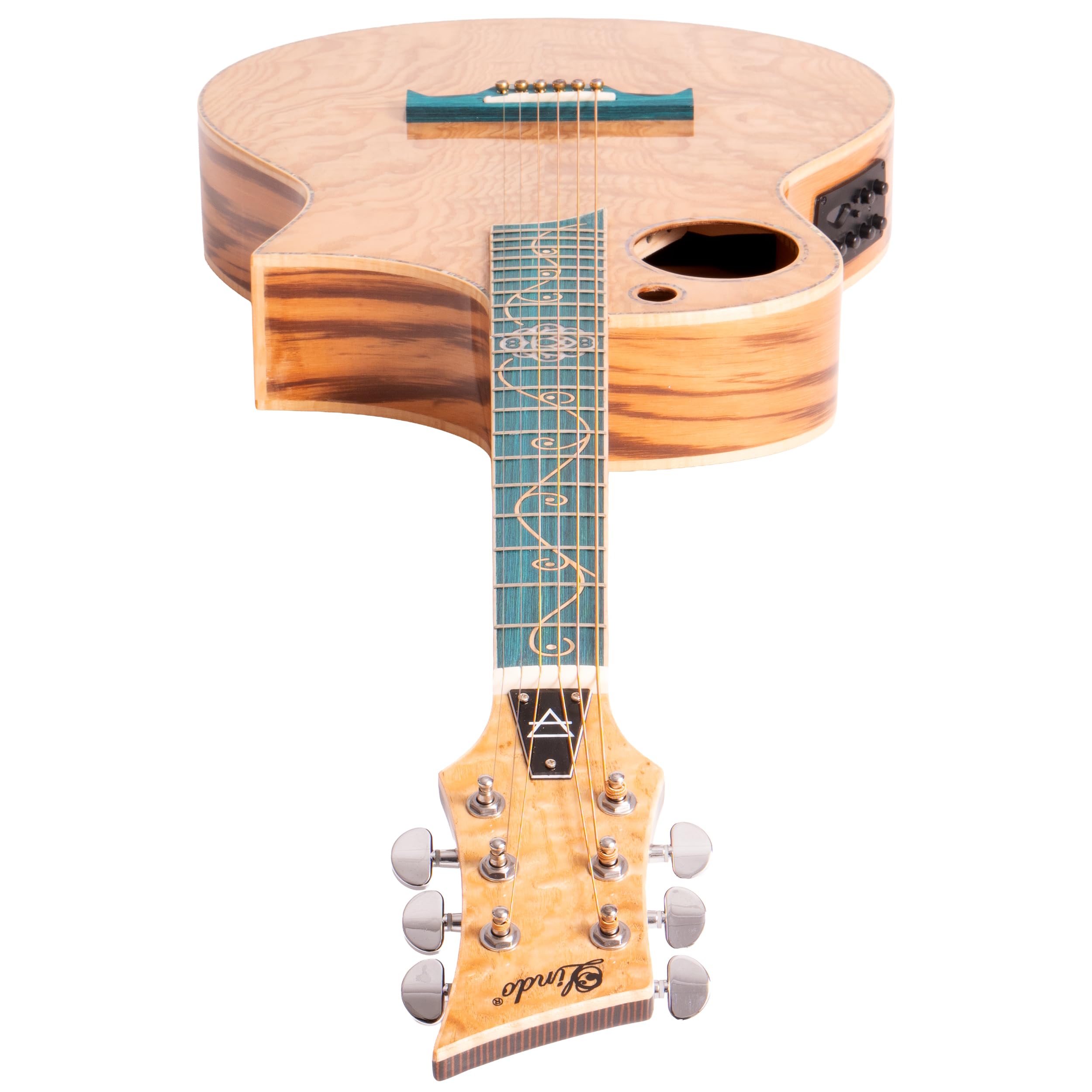 Lindo Earth Slim Body Electro gitara akustyczna, figurowy popiół Tamo i płaski zebrano, przedwzmacniacz/tuner BS3M z podwójnym gniazdem, wyjściem XLR, podstrunnica i mostek (struny nylonowe)