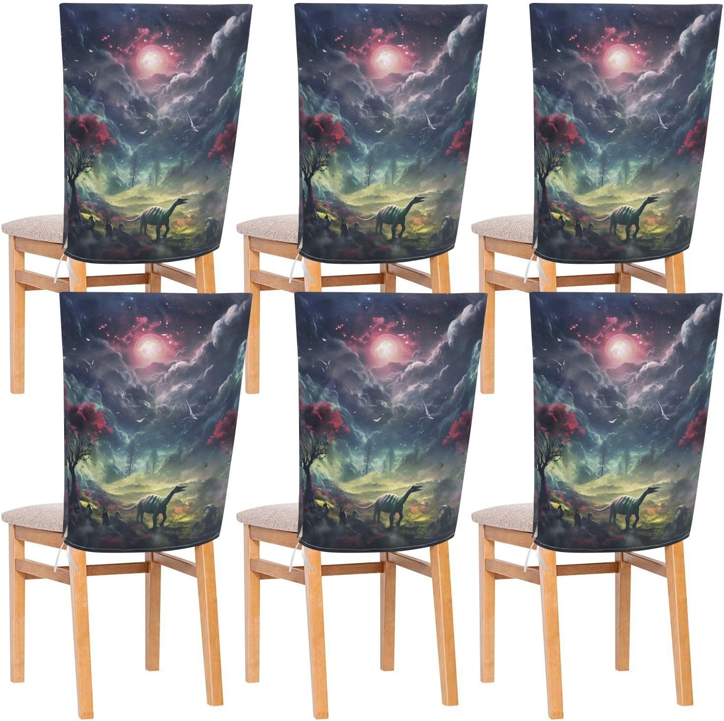 ALAZA Dinosaur Forest Chair Back Cover Set of 6, Washable Reusable Removable Chair Slipcovers Decorative Chair Cover for Home Kitchen Wedding Party