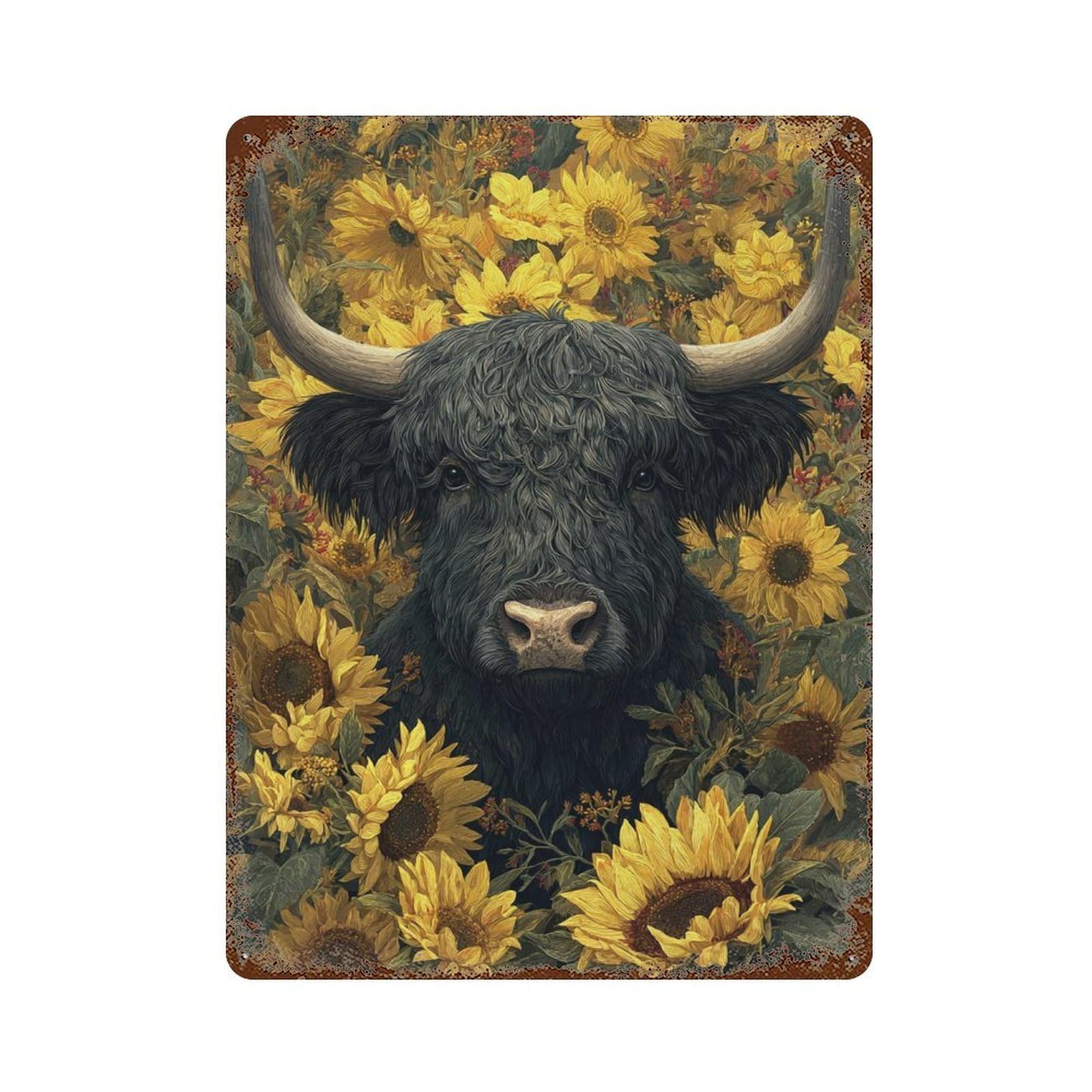 Black Bull with Sunflowers Rust Effect Tin Sign 15.7"x11.8", Farmhouse Wall Decor for Living Room, Hallway And Home Decor