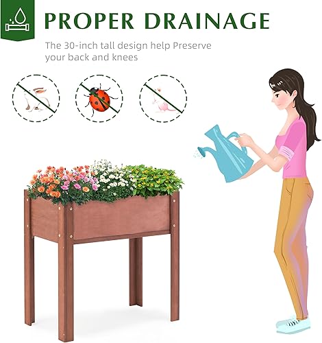 Miniatura 4 de Cama de jardín elevada con patas, 31 x 16 x 31 pulgadas, jardinera elevada de madera para exteriores, patas gruesas, con forro Marrón
