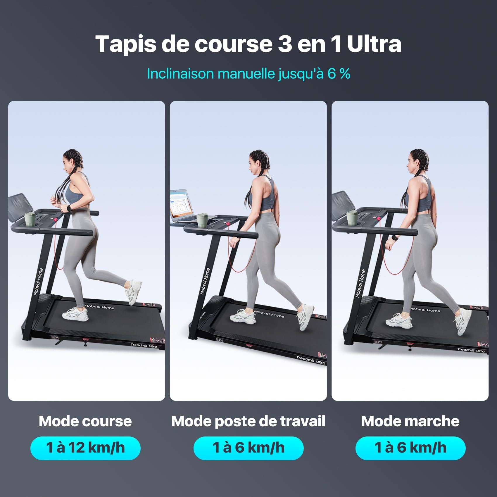 Mobvoi Tapis de Course Ultra 3 en 1 avec Inclinaison de 6% pour la Maison, Le Bureau, 2,5 CV, Support pour Tasse, téléphone, Ordinateur Portable, Grande Surface de Course km/h, 120 kg