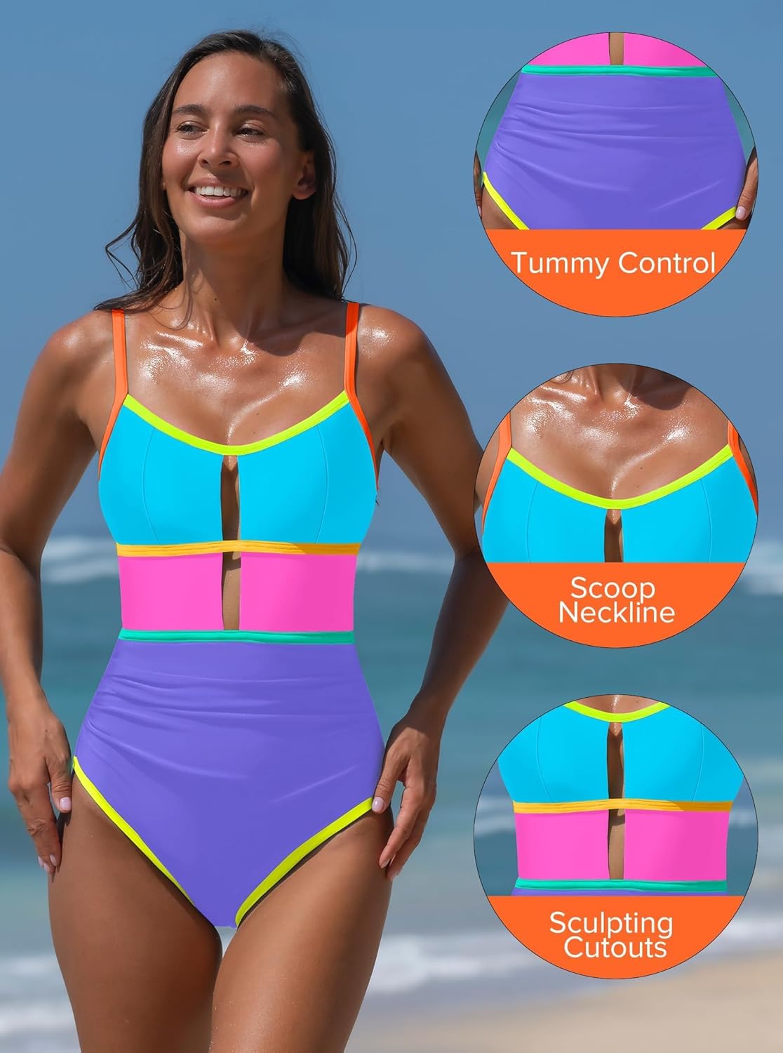 popvil Women One Piece Swimsuit 2026 Sporty Neon Bathing Suit Tummy Control Swim Suit Cut Out Adjustable Straps Swimwear - Image 8