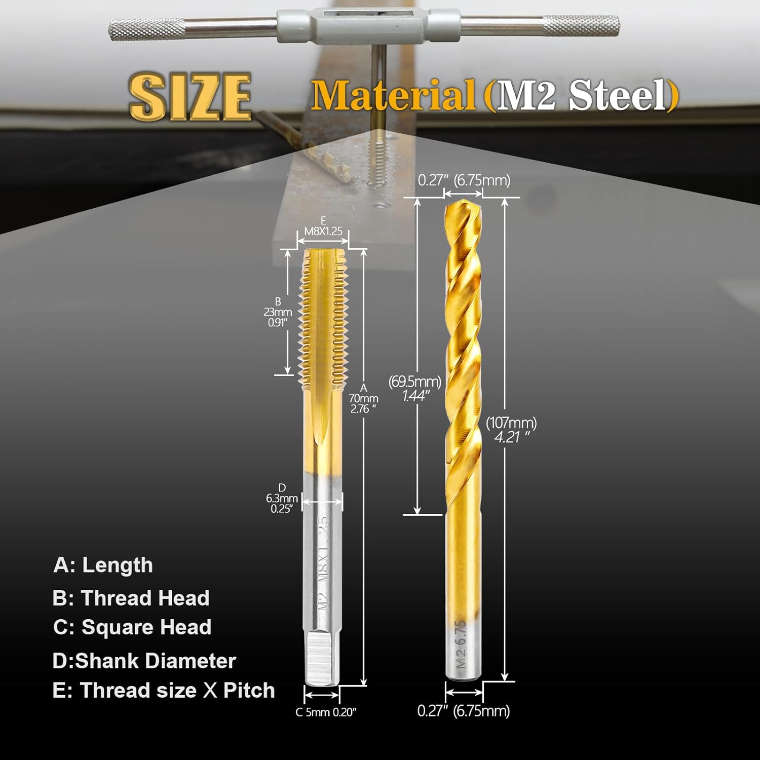 M8 x1.25 Tap and 6.75mm Drill Bit Set, M2 HSS Metric Threading Drill and Tap Set, Combination of Drill and Tap Kit for Stainless Steel and Metal