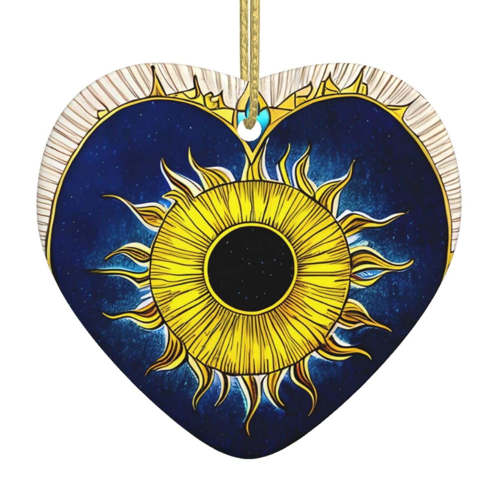 Cartoon Heart Sun Ceramic Christmas Heart Pendant with Silk Thread, Christmas Tree Home Decoration