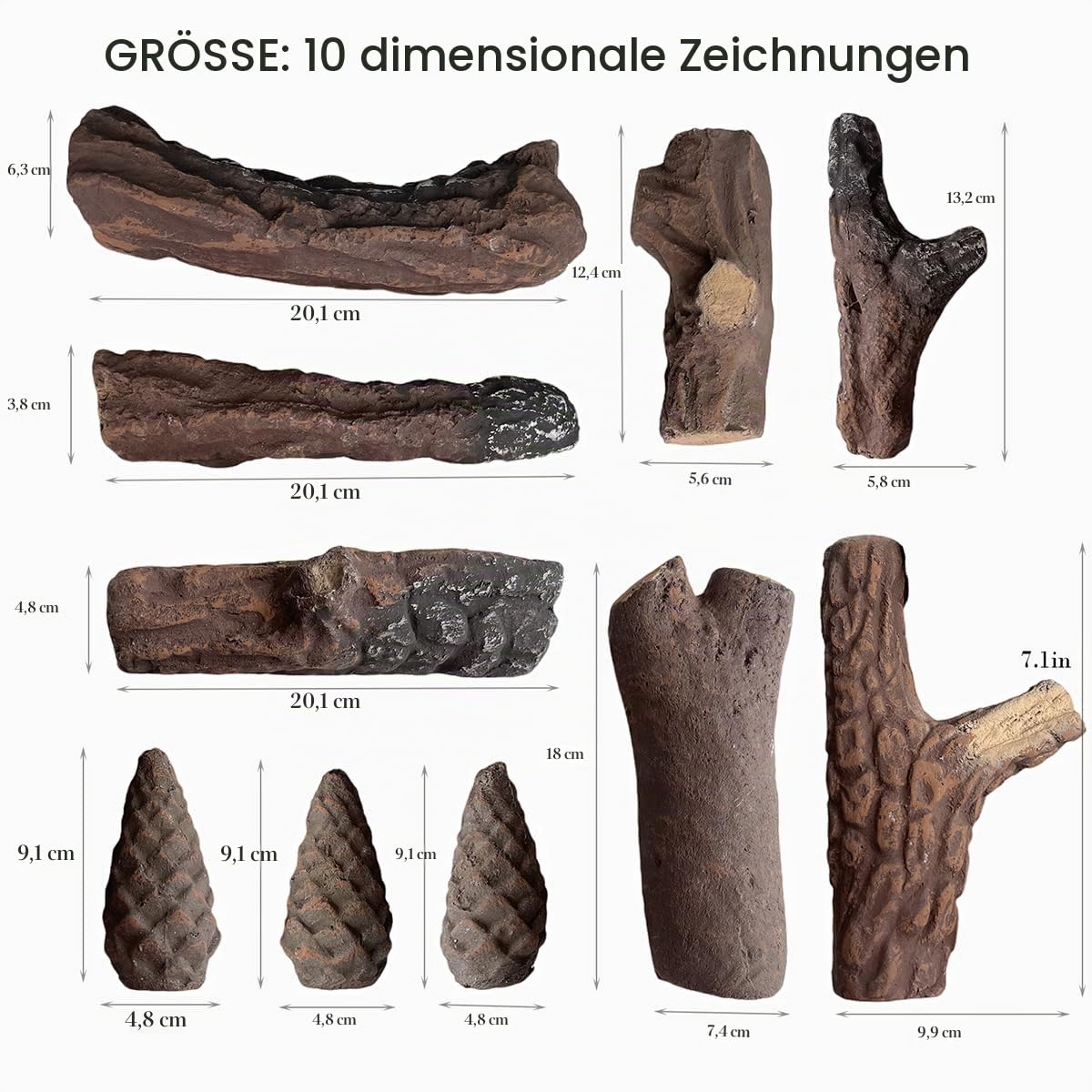 Kamin-Gasscheite, 10 Stück, dekoratives Keramik-Holzscheit-Set für Innen- und Außenbereich, Gaseinsätze, belüftet, elektrisch, Ethanol, Gel-Kamine