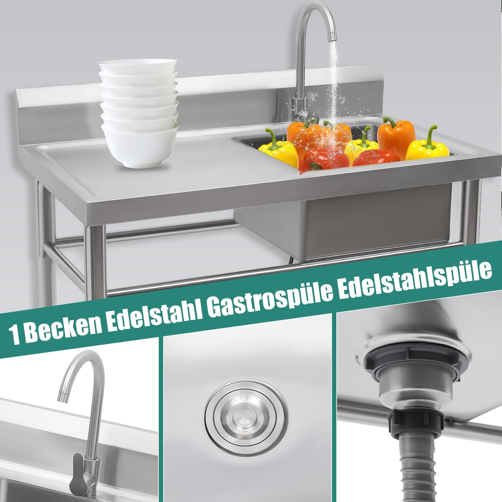 Spülbecken Edelstahl Küche Spülbecken Organizer, Edelstahl Arbeitstisch Küche mit Spüle und Armatur, Spülbecken Mobile für Außen Innen Garten Freistehend 100x60x93cm