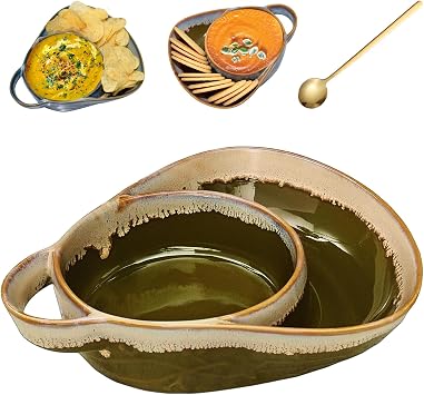 Soup And Side Bowl Plate Ceramic, Chip And Dip Divided Bowls,Retro style Soup Bowl With Cracker Holder, Ssoup and side bowl,Heat-Resistant Fan Shape Ceramic Split Cereal 1, Green
