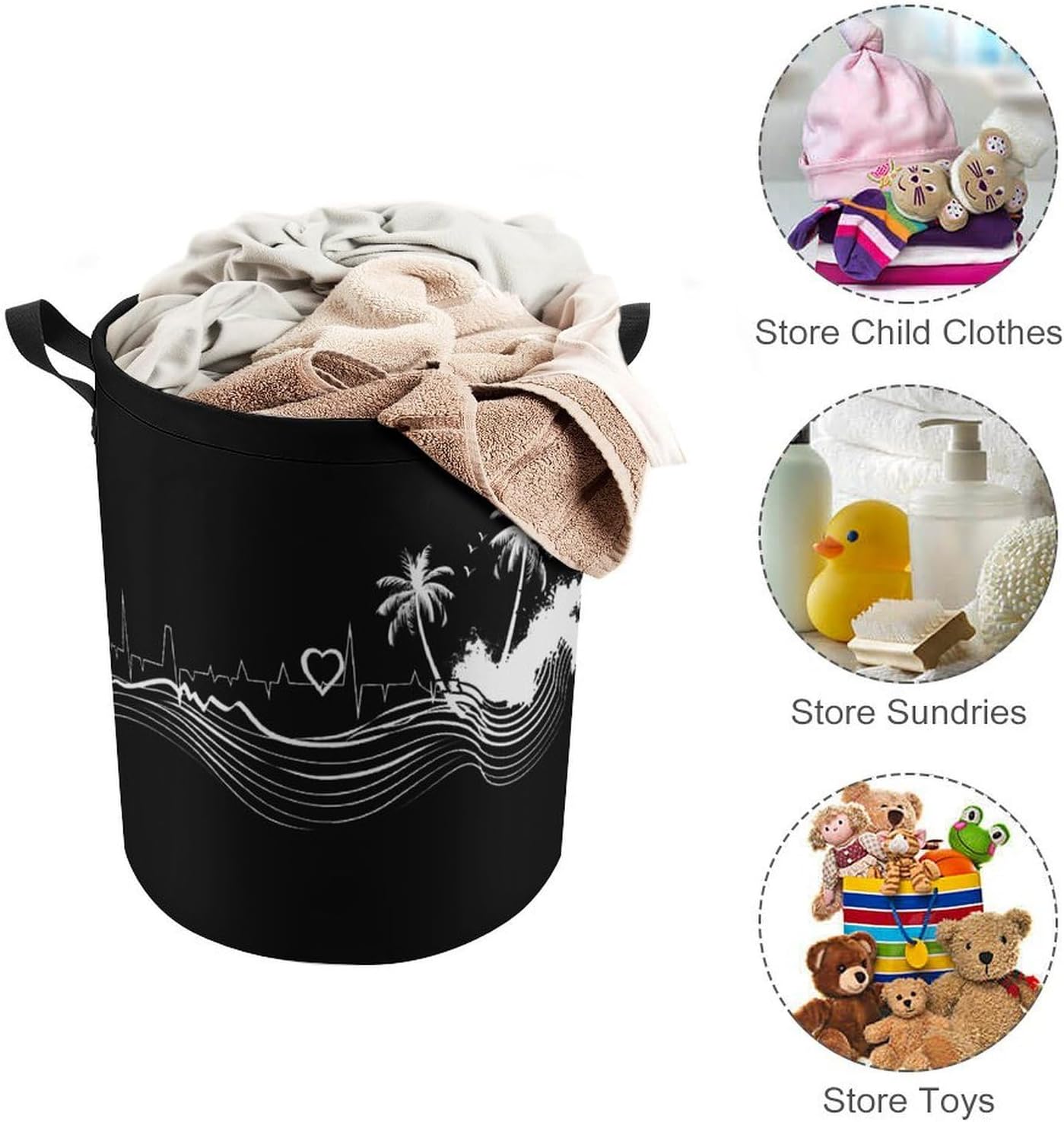 _Beach Heartbeat Laundry Basket Dirty Clothes Hamper Storage Laundry Bag with Handles for Dorm Room 44x44cm