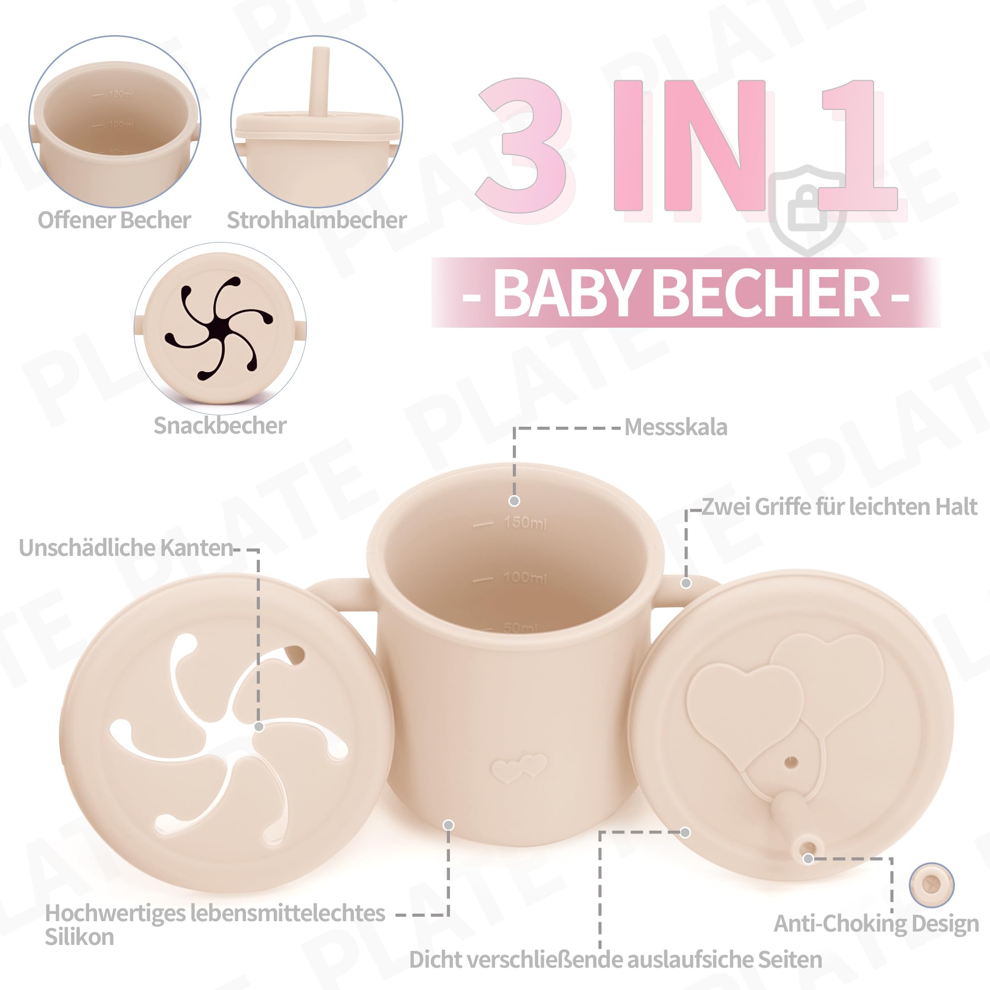 Lot de 8 couverts pour bébé en silicone avec ventouse, sans BPA, avec assiette, cuillère, fourchette, bol, bavoir, gobelet d'apprentissage, pour bébé fille et garçon
