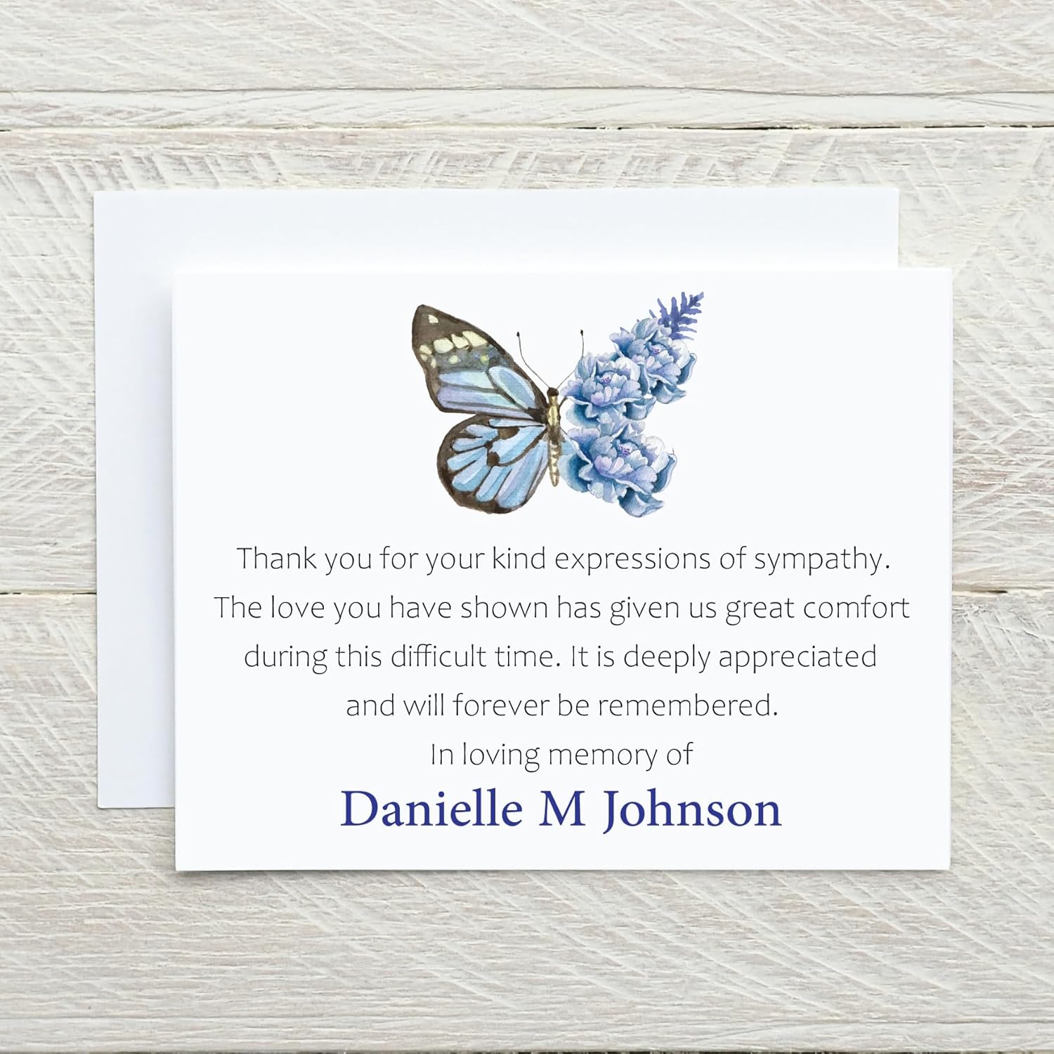 Blue Floral Butterfly Sympathy Thank You Cards with Envelopes, Choose Quantity and Colors, Personalized Funeral Thank You Card with Message Inside, Celebration of Life Thank You Notes, After Service