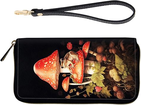 RFID-Blocking Zip-Around Wristlet for Women - Large Capacity Credit Card Holder with Detachable Strap, Fashion RFID Blocking Wallet,Watercolor Frog on Mushroom