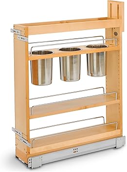 Rev-A-Shelf 6" Wood Utensil Pullout Base Cabinet Organizer with Soft-Close Slide System - Sliding Pantry Storage with Spice Rack Shelves for Home Kitchen Organization, 448UT-BCSC-5C