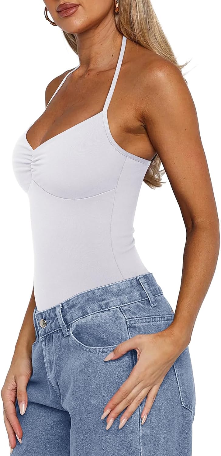 REORIA Women's Sexy Halter V Neck Sleeveless Bodysuit Backless Cami Bodysuits Tank Tops Basic - Image 2