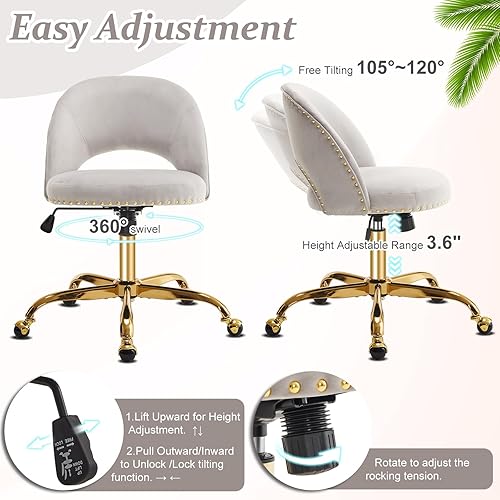 Vista 33 de VINGLI Silla de oficina pequeña de terciopelo moderna, bonita silla de escritorio con ruedas, base dorada/tachuelas, cómoda silla giratoria sin Beige