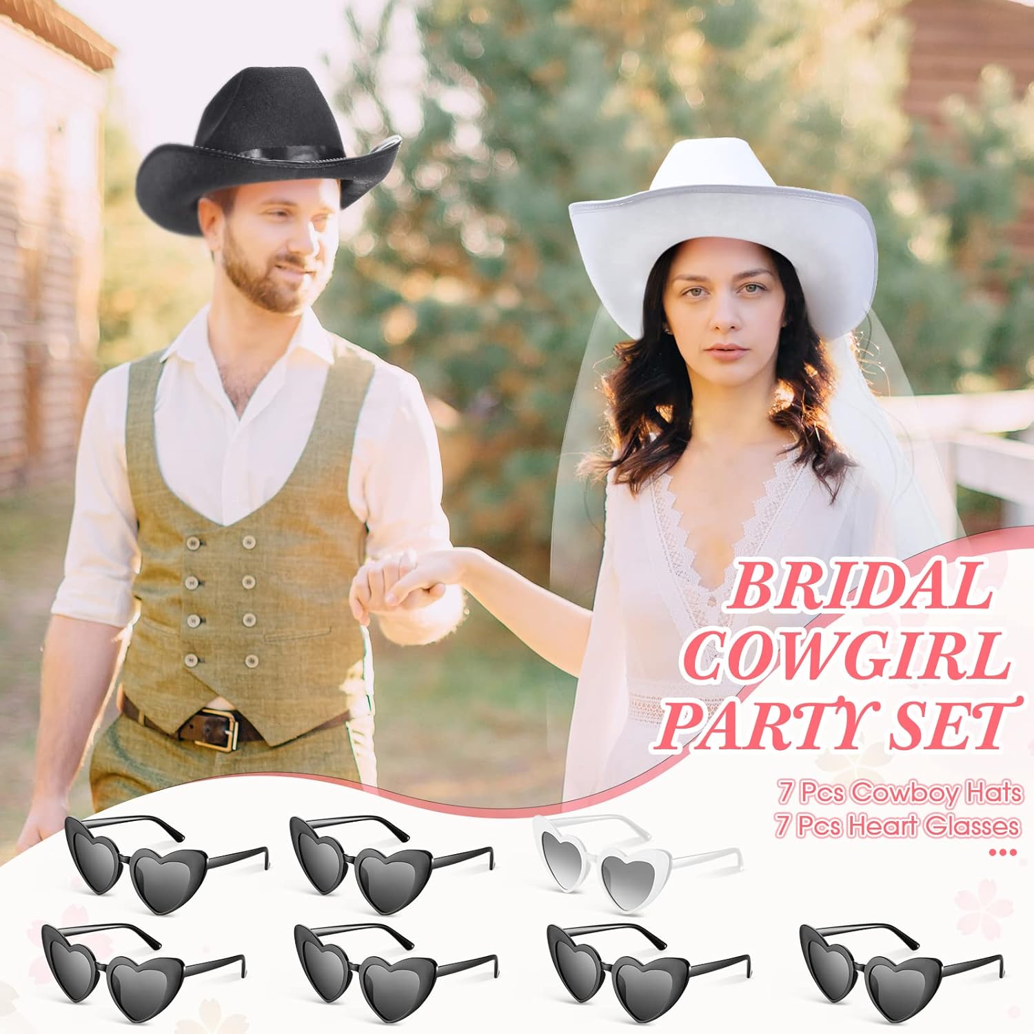 Unittype 14 Pcs Bridal Cowgirl Party Set Heart Glasses Bride Cowboy Hats for Bachelorette Party Bridal Wedding Shower