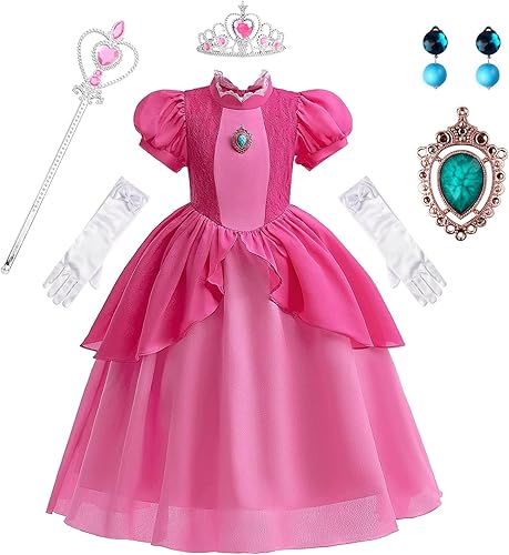 WYB Princess Peach Costume Dress Halloween Cosplay Dress Up for 3-9 Years Girls Kids Outfits with Crown Gloves Scepter Earing