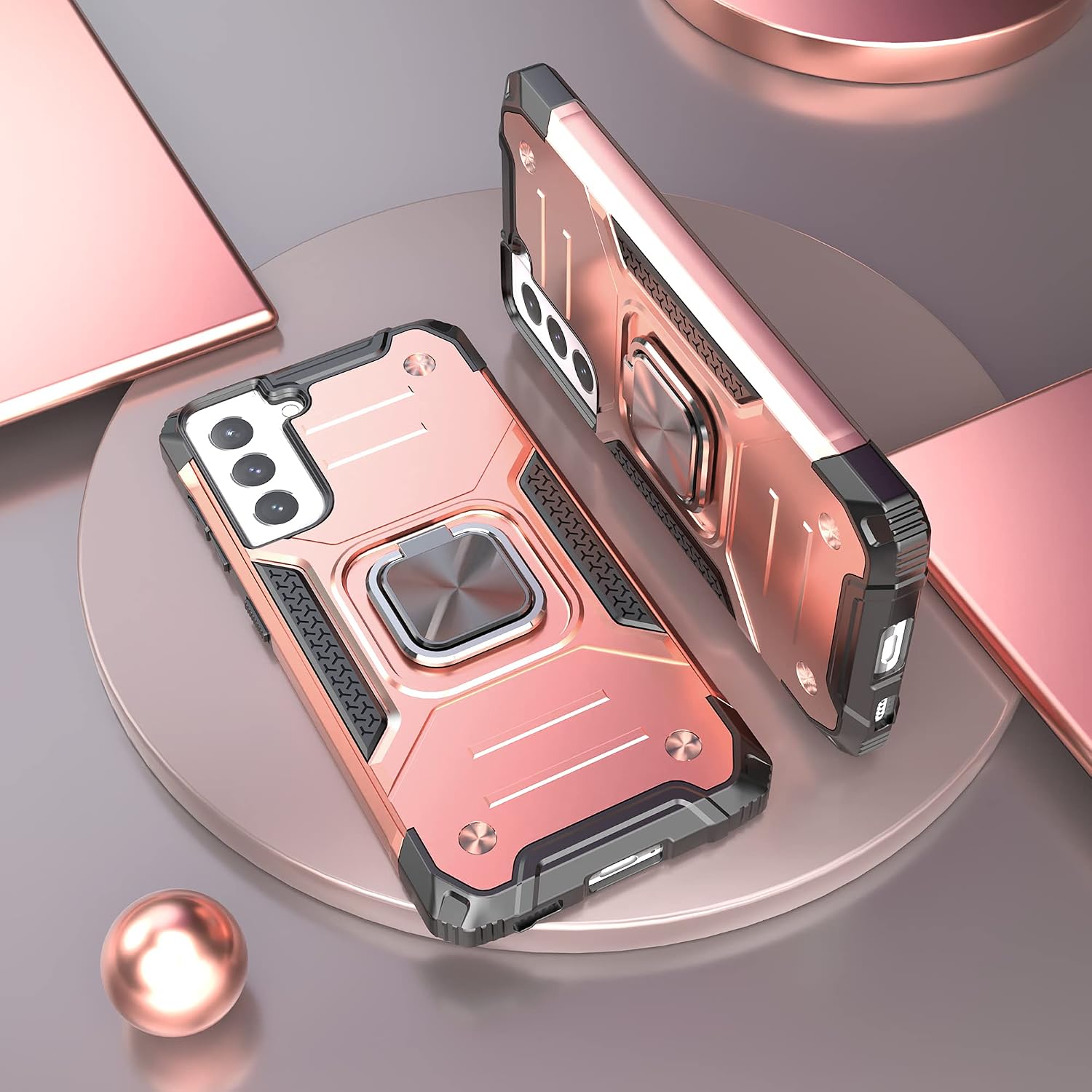 IDYStar Galaxy S21 5G Case with Screen Protector, Galaxy S21 5G Case, Shockproof Drop Test Cover with Car Mount Kickstand Lightweight Protective Cover for Samsung Galaxy S21 5G, Rose Gold