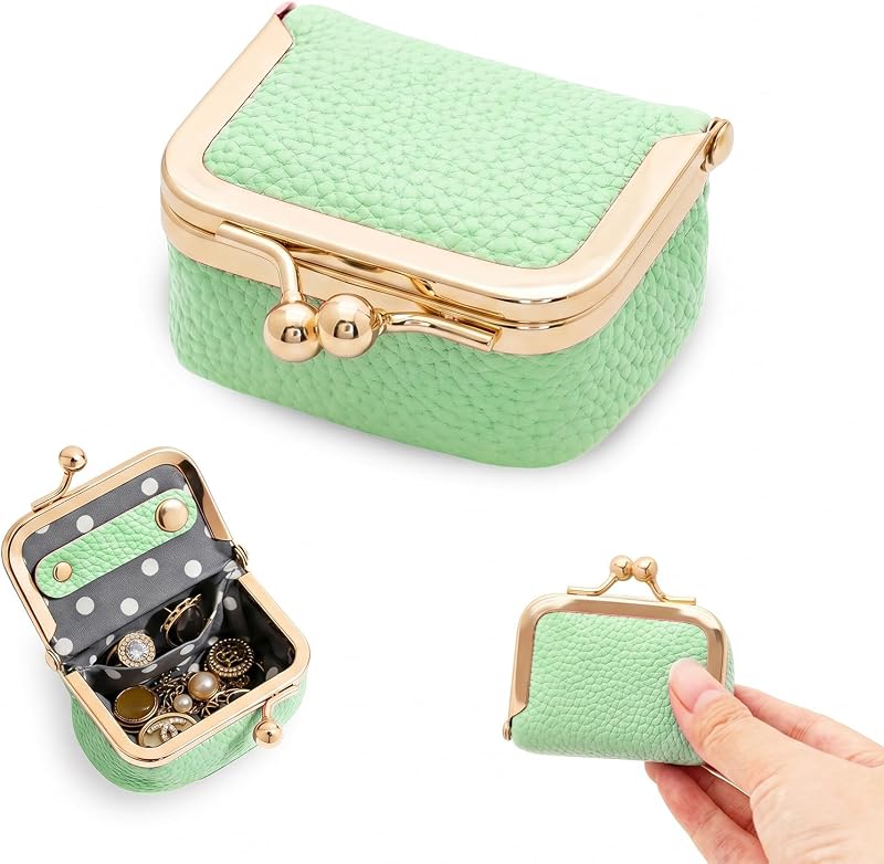 Genuine Leather Mini Jewelry Box Portable Vintage-Inspired Leather Small Coin Purse Jewelry Organizer Case Mini Travel Ring Box with Kiss Lock for Women Earring Ring Necklace