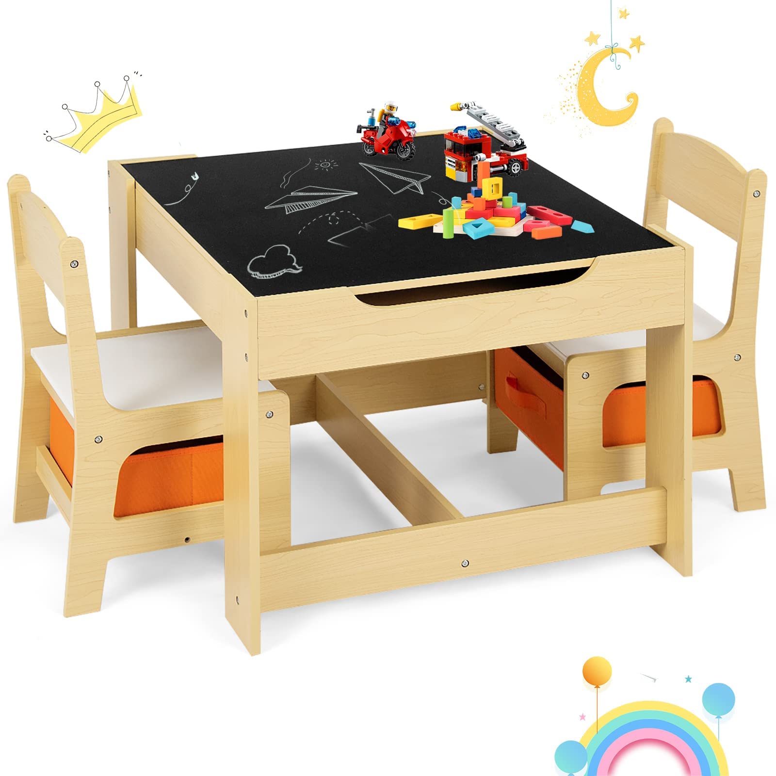 GOPLUS Juego de Mesa y 2 Sillas Infantil 3 en 1, Grupo de Asientos y Escritorio con Pizarra para Niños, Mueble Infantil con Cajon de Almacenamiento Que Ahorra Espacio, Madera, Naranja (Naranja)
