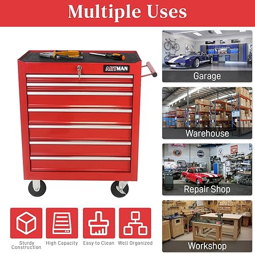 Miniatura 7 de Caja de herramientas con ruedas de 7 cajones con ruedas, carrito de herramientas multifuncional, gabinete de almacenamiento de herramientas