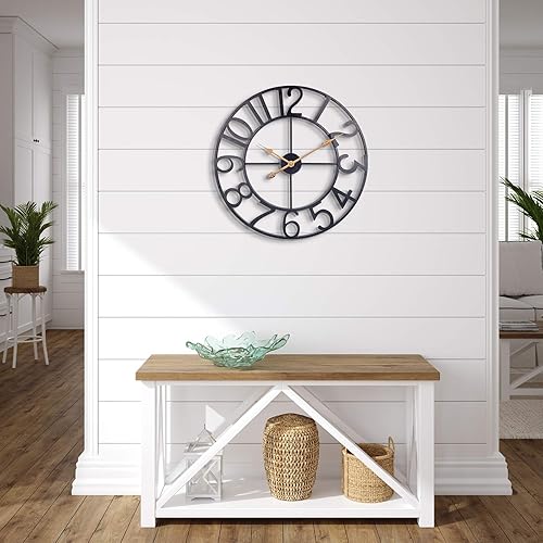 Miniatura 5 de BEW Reloj de metal de 24 pulgadas, reloj de pared decorativo de granja con recortes grandes, funciona con pilas, silencioso sin tictac, reloj de