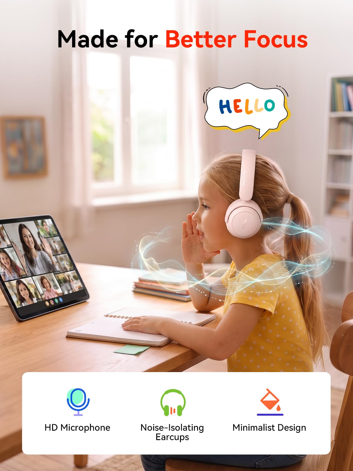 1MORE HQ20 Auriculares para Niños, Auditiva Límite de 75/85/90dB, Plegable Cascos Inalámbricos 5.3 Bluetooth, HD-Micrófono, Sonido Estéreo, para Niños Niñas Adolescentes, iPad, Tableta, Viajes