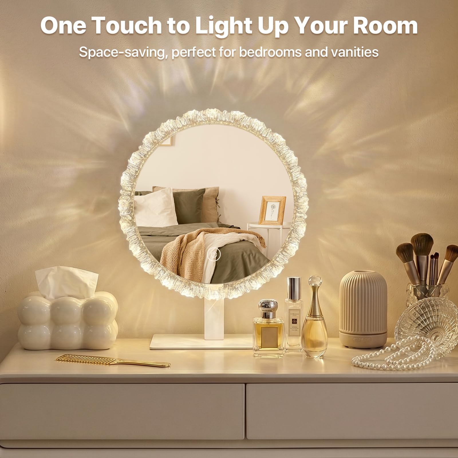 Specchio per il trucco a LED con luce, 30,5 cm, in cristallo, per camera da letto, spogliatoio, 3 colori, regolazione della temperatura, angolo regolabile, regalo di bellezza per fidanzate e
