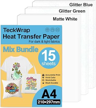 TECKWRAP Printable Heat Transfer Paper for T-Shirts 15PCS, 8.3" X 11.7" Printable Heat Transfer Vinyl for Inkjet Printer, Heat Transfer Mask for HTV Iron on Transfer PaperMix - Matte & Glitter