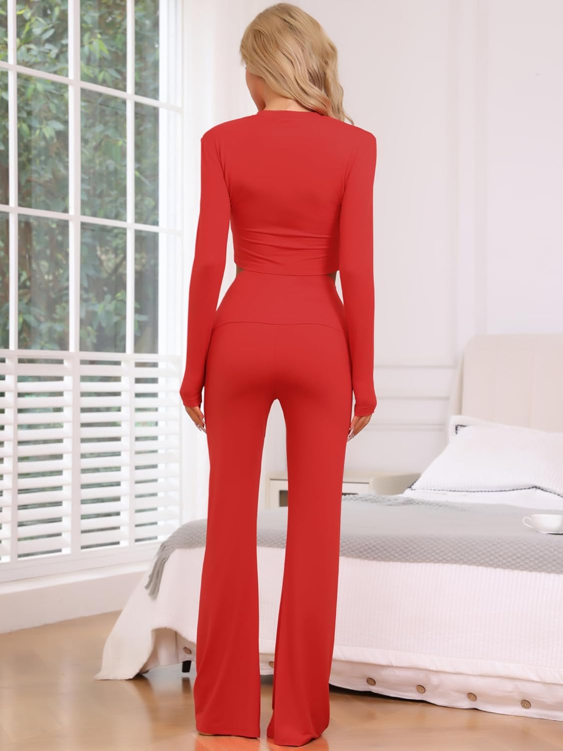 cheibear Womens Lounge Sets Long Sleeve Crop Top Foldover Flare Pants Casual Pajama 2 Piece Outfits - Image 3