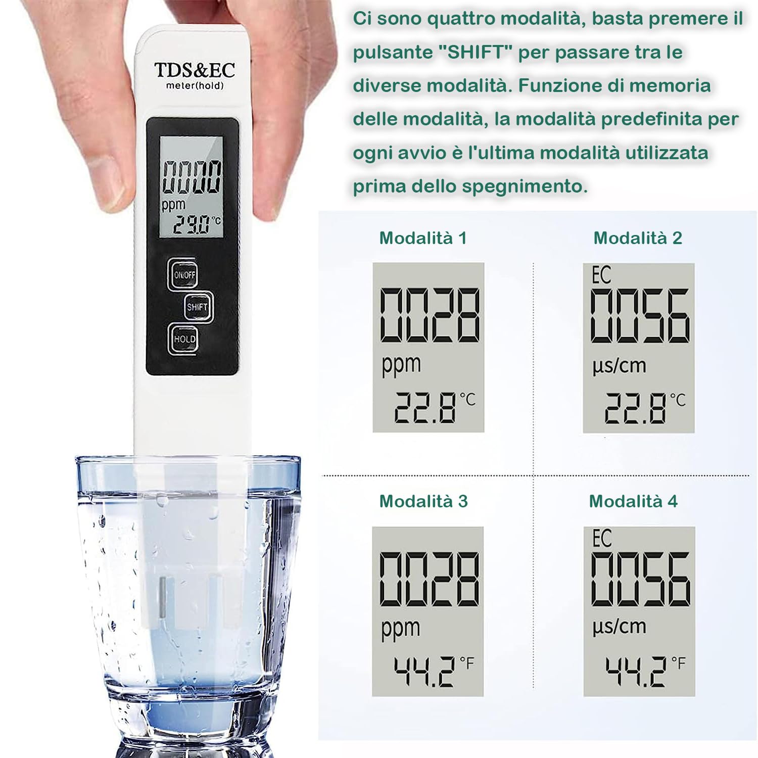 Tester digitale LCD per la qualità dell'acqua Misuratore TDS EC e Temperatura 3 in 1, Precisione di Lettura +/- 2%, 0-9990 PPM set, per Acqua Potabile/Piscina/Acquario/Piscina
