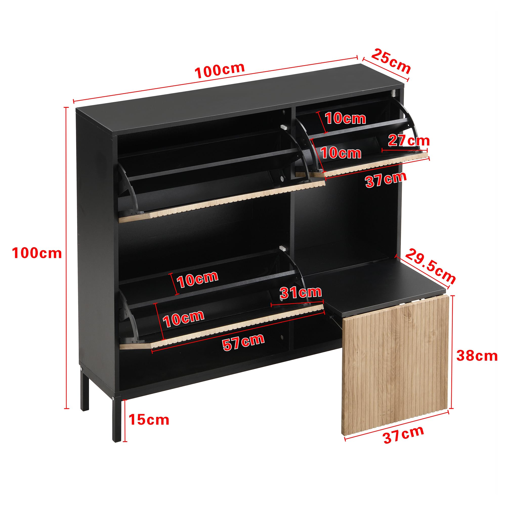 Szafka na buty z taboretem do wymiany butów, 100 x 100 x 25 cm, czarna i naturalna, MDF, 3 klapy, otwarta półka, na 12-16 par butów, do przedpokoju i sypialni
