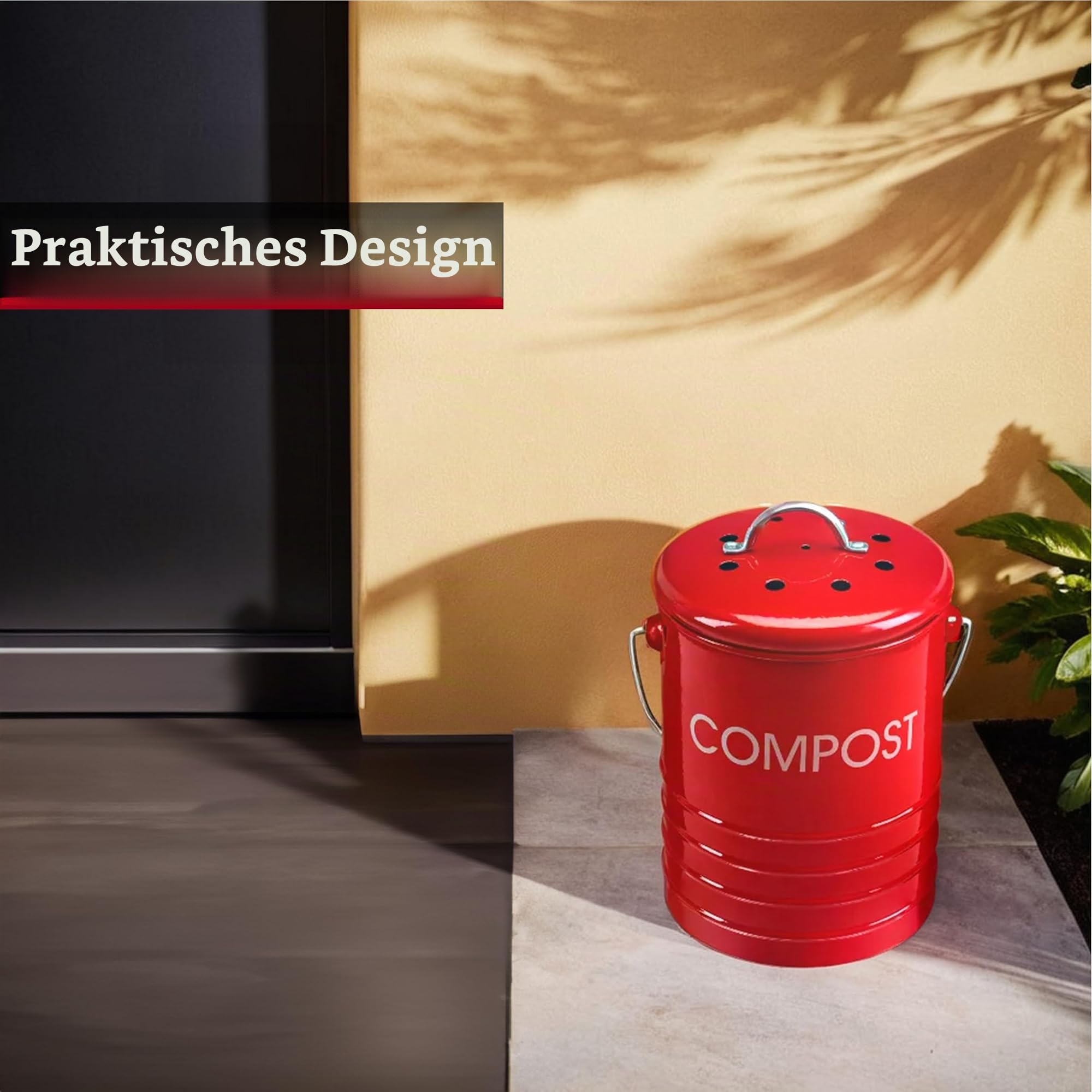 Premier Housewares 0510018 Komposteimer mit Tragegriff Ø14 x H22 cm, Rot