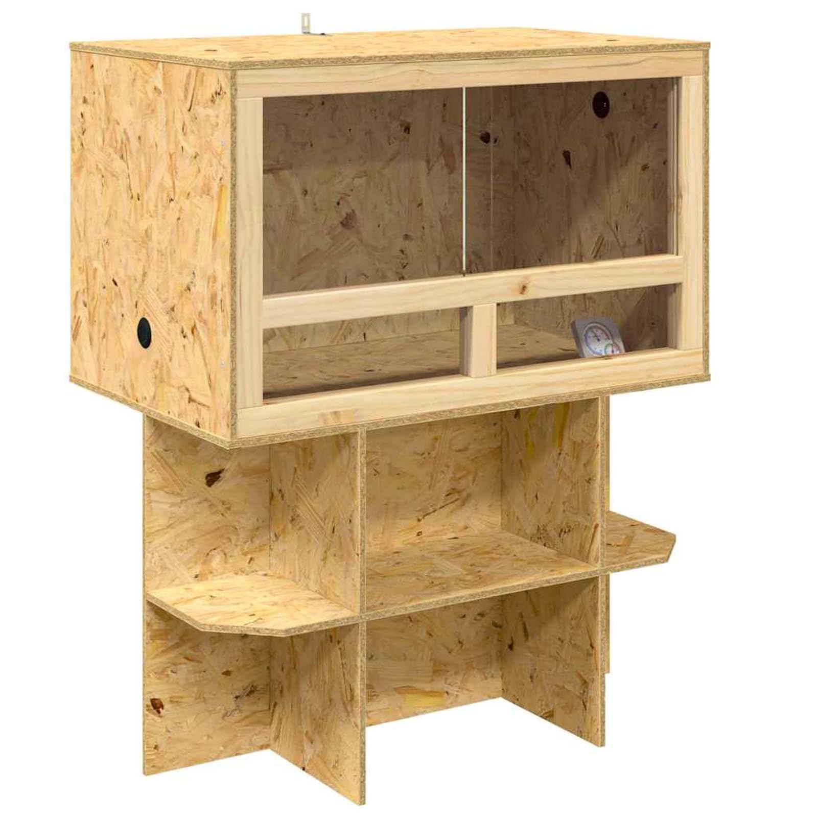 Terrario per Rettili e Roditori 80x50x100 cm in OSB e Vetro con Porte Scorrevoli, Base e Termometro - Design Rustico e Naturale per Interni