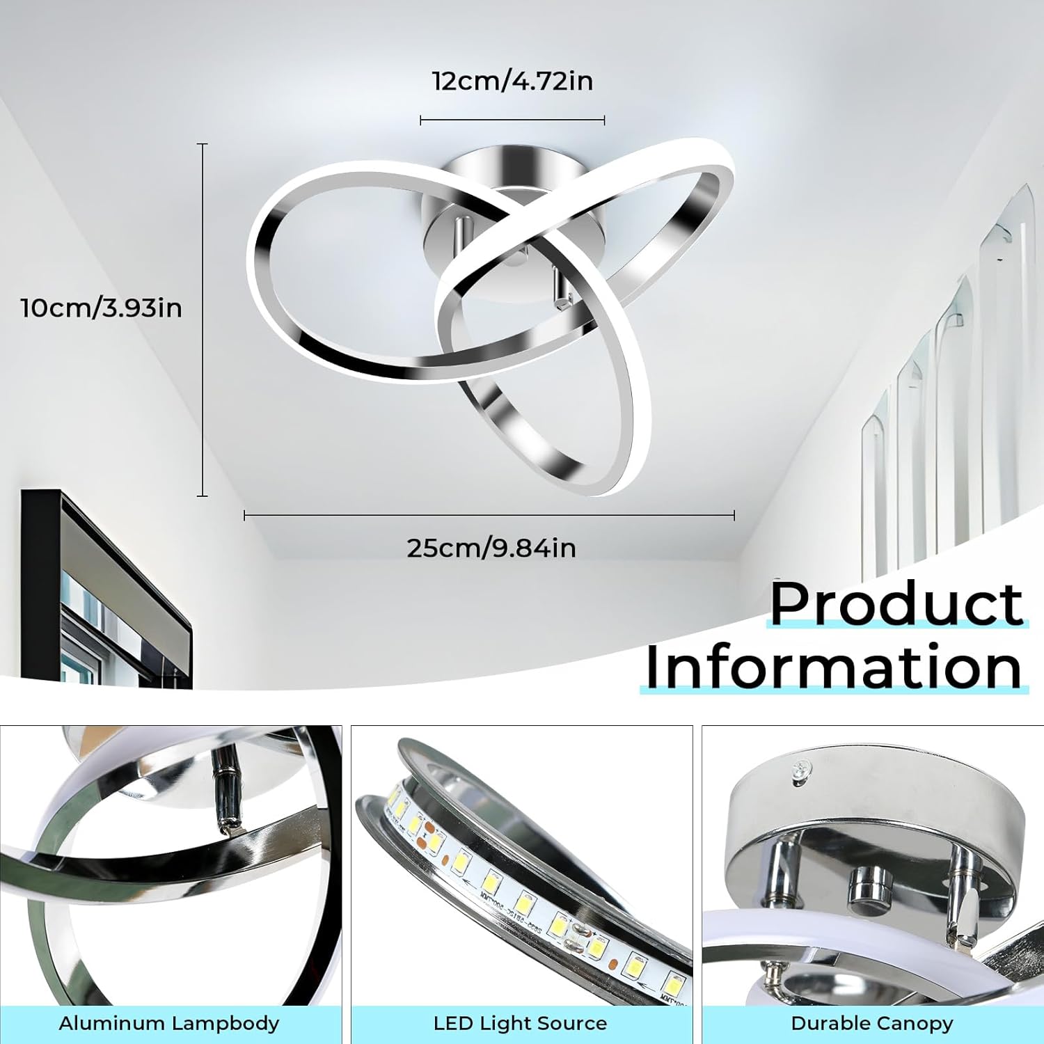 Goeco Modern LED Ceiling Light, 9.8'' 6500K Semi Flush Cool White Design for Bedroom, Corridor, Bathroom, Office, Kitchen, Laundry Room