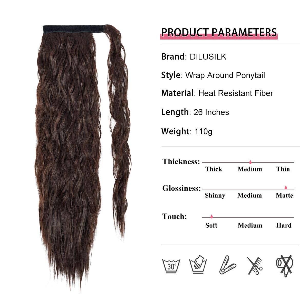 DILUSILK Ponytail Extension Wrap Around 26 Inch Long Curly Wavy Synthetic Hairpiece for Women Chocolate Brown h