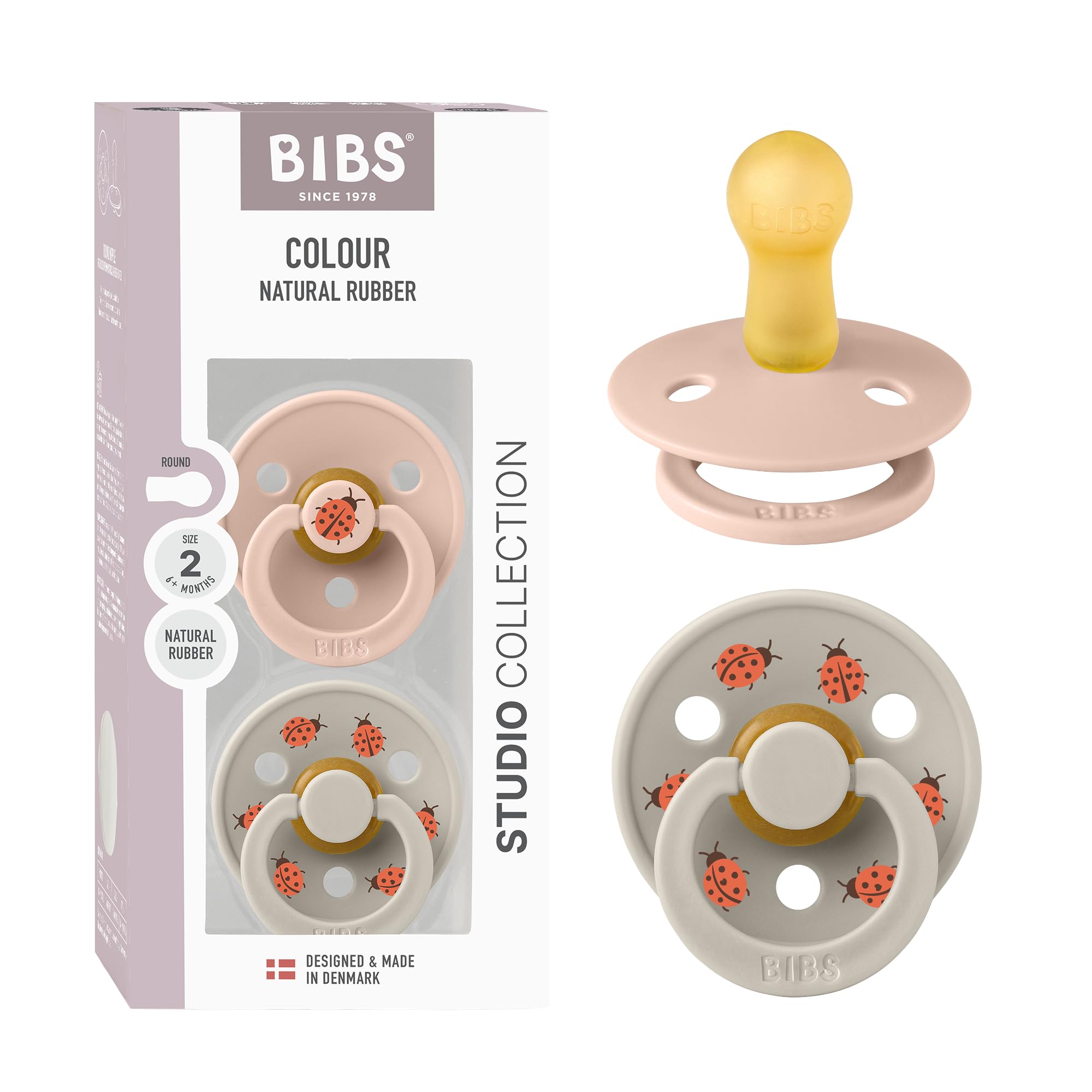 BIBS Colour Studio Soother 2-Pack, BPA Free Dummy Pacifier, Round Nipple. Natural Rubber Latex, Made in Denmark, Size 2 (6-18 Months), Violet Sky/Petal — view 6