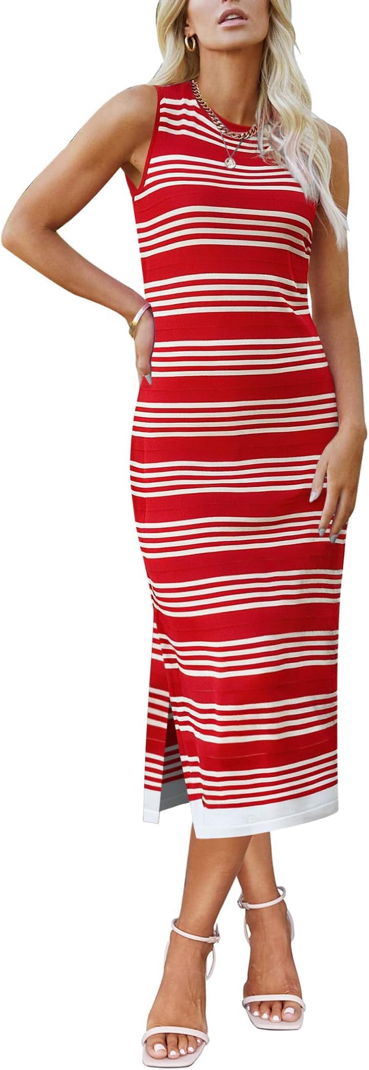 Womens Bodycon Midi Dresses Summer Casual Sleeveless Dress Women Knit Side Slit Striped 2025 Long Tank Dress