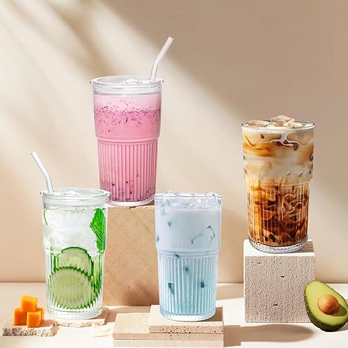 Miniatura 8 de Luiaiog Vasos de vidrio de 24 onzas con tapas y popotes, juego de 2 vasos reutilizables sin BPA con citas de amistad, juego de tazas de café de