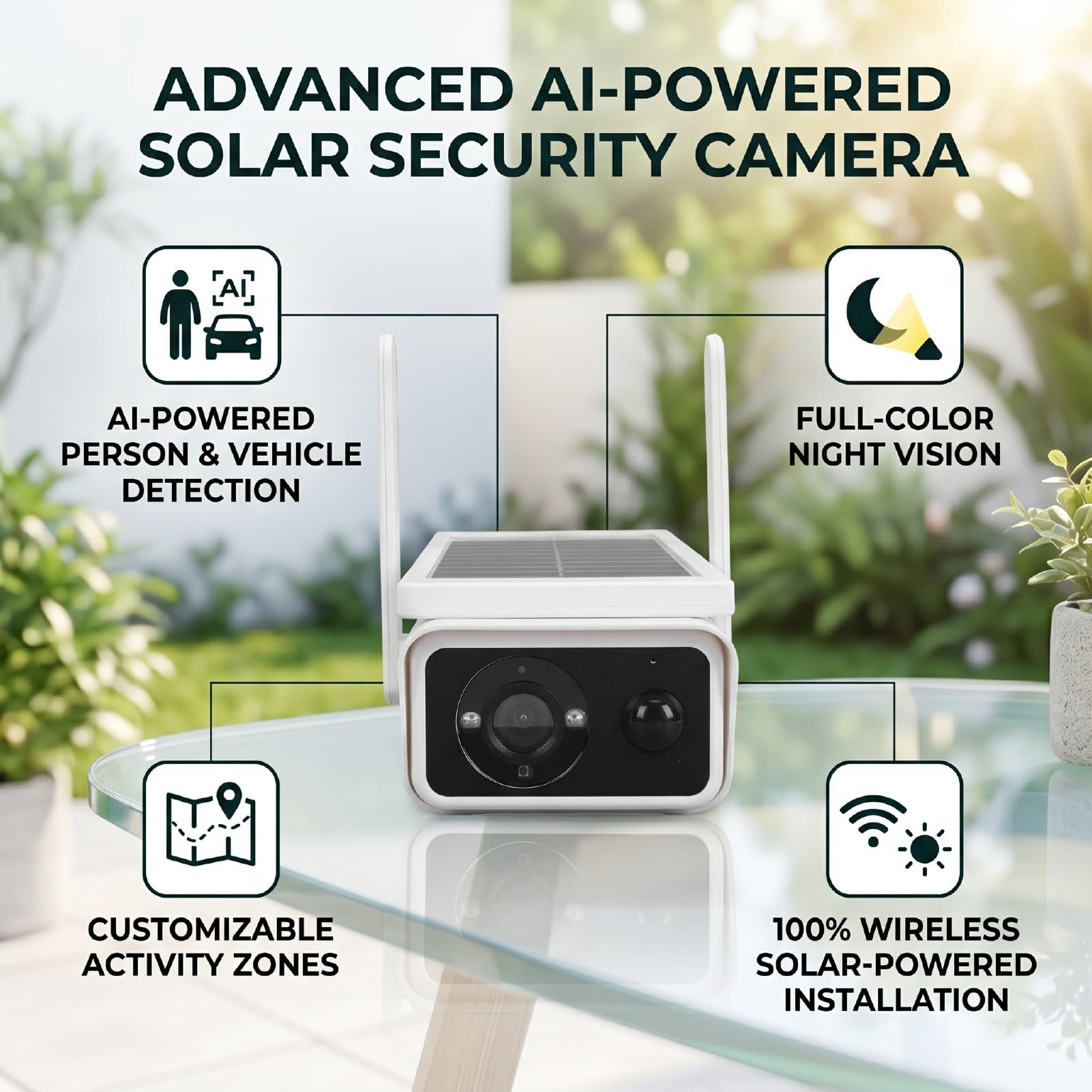 2K-Solar-Überwachungskameras, Kabellos für den Außenbereich, Aufzeichnung Rund um die Uhr, 360°-Ansicht, Schwenk-/Neigefunktion, Vollfarb-Nachtsicht mit Spotlight