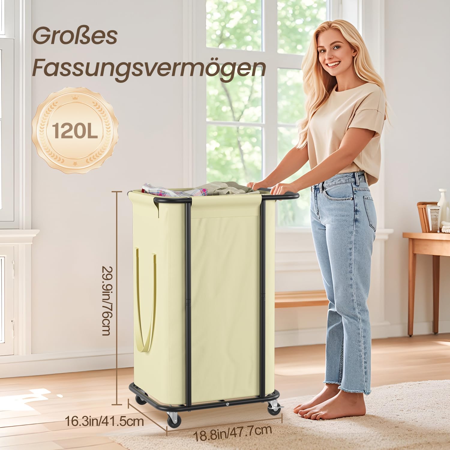 LASZOLA - Cesta grande para ropa sucia con ruedas, 120 L, con bolsa de lona extraíble, carrito de lavandería moderno de metal resistente para baño, lavandería, dormitorio, beige