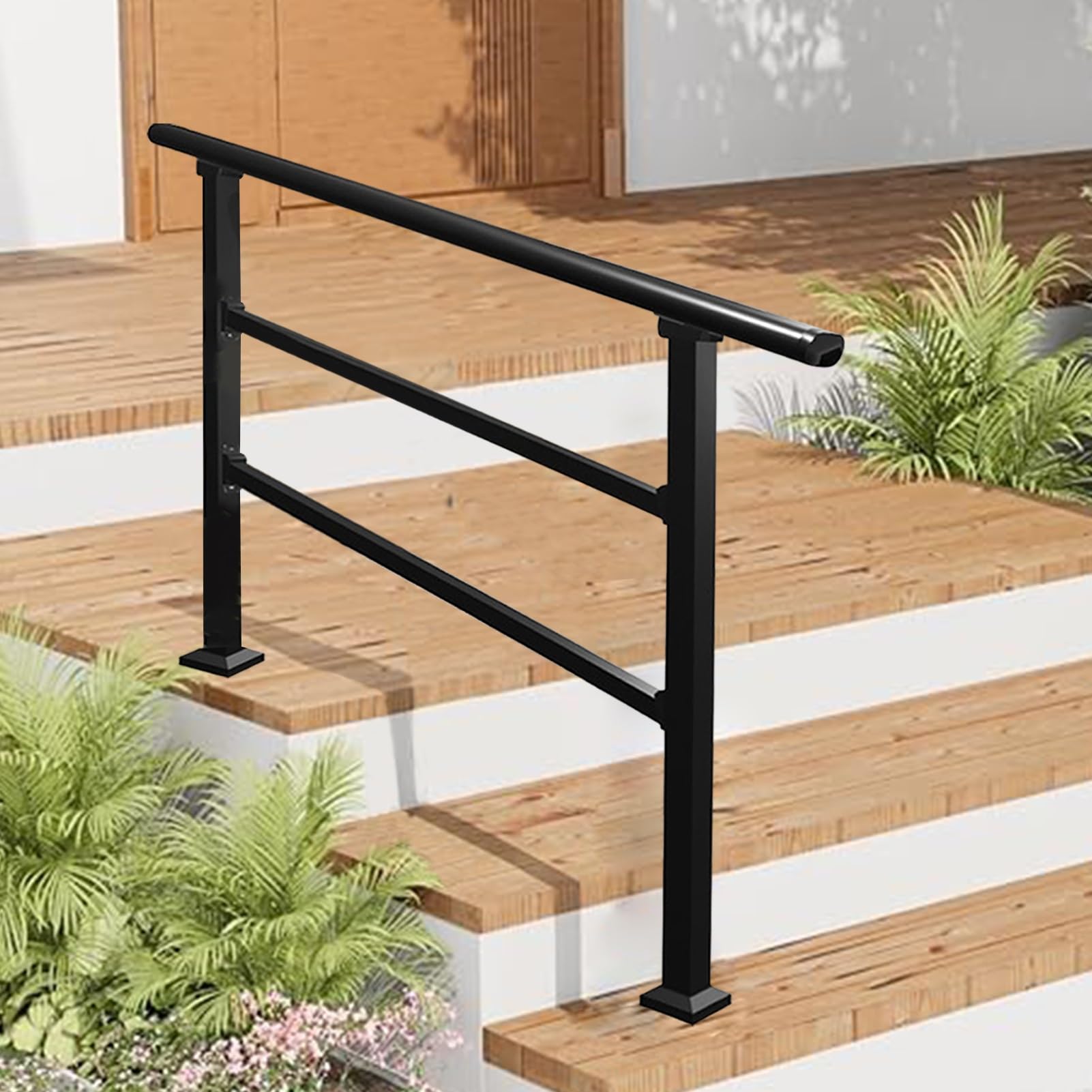 Jksyff A Galvanized Steel Handrail Fit 1 To 3 Steps, Industrial Djustable Porch Railings, Floor-Standing Transitional Railing For Concrete Or Wooden Steps, Safety Guardrail(,120Cm/47Inch)