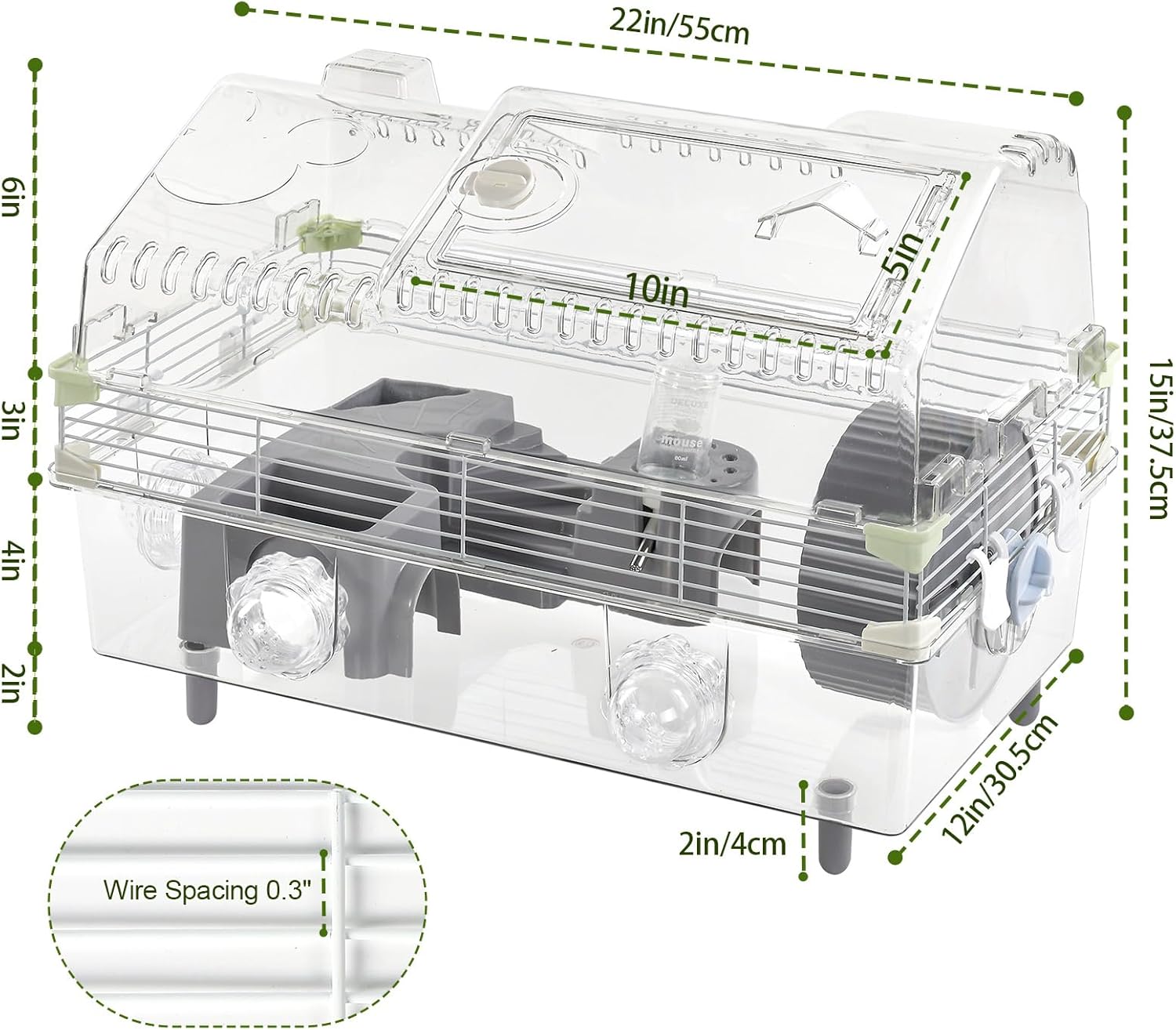 Hamster Cage Starter Kit 22″Lx12″Wx15″H with Combination of Bathtub & Food Bowl & Steps, φ6″ Exercise Wheel, Water Bottle, Sunroof, Lockable Door, Transparent/Gray