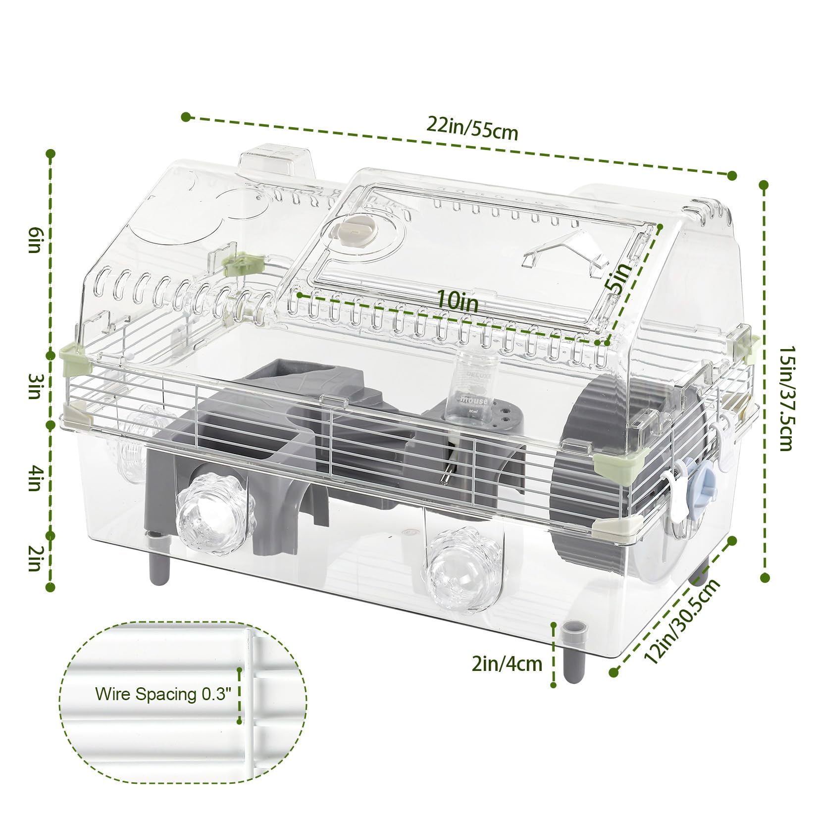 Hamsterkäfig-Set, 55,9 cm L x 30,5 cm B x 38,1 cm H, mit Kombination aus Badewanne und Futternapf und Stufen, φ15 Zoll Laufrad, Wasserflasche, Sonnendach, abschließbare Tür, transparent/grau