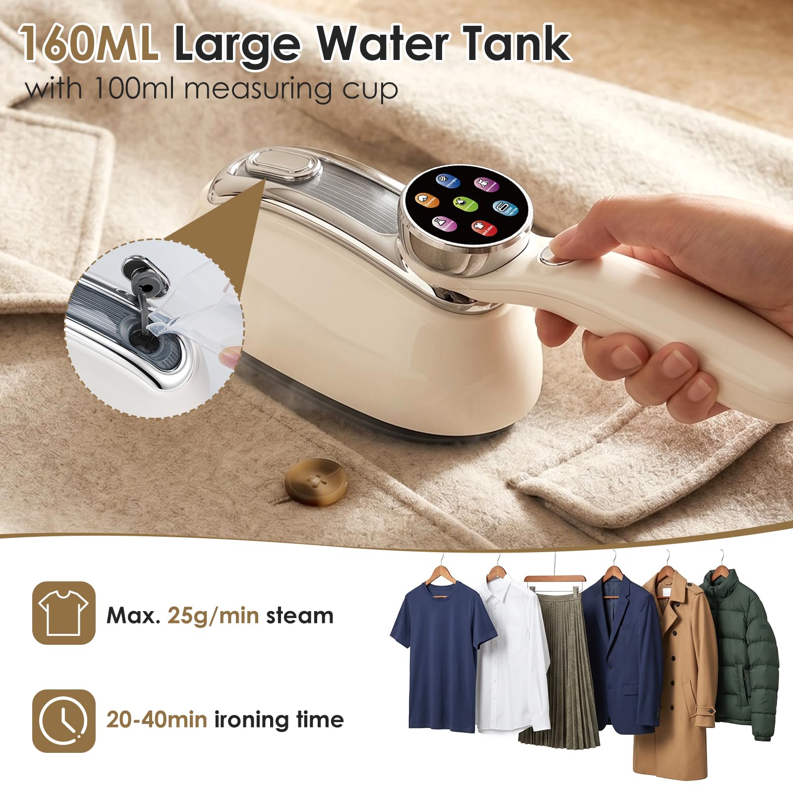 Défroisseur Vapeur Portable 2 en 1 pour Vêtements, 1300W Fer à Repasser de Voyage avec 6 Modes, Réservoir d'eau de 160ML et Écran LED, 15S Chauffage Rapide Défroisseur à Main pour Maison Voyage