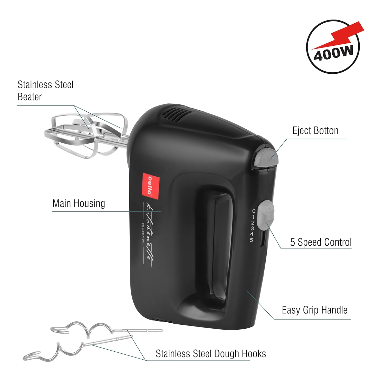 Cello Supreme Plus Hand Beater | Hand Mixer | Beater - Easy Mix, Powerful 400 Watt Motor | 5 Speed Control | Dough Hooks and Strip Beater attachments | 1 Year Warranty | Black 3 711cRvIHBIL. SL1500