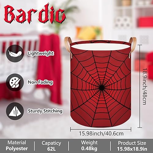 Miniatura 2 de Cesta grande para ropa sucia, cesta redonda independiente de tela de araña roja, organizador de almacenamiento plegable con asas de cuero para ropa