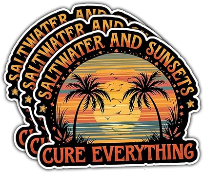 3PCS Saltwater and Sunsets Cure Everything Sticker Beautiful Colorful Sunset Beach Ocean Lover Vinyl Decal, Waterproof for Laptop, Water Bottle, Hard Hat, Gifts and more - 3 Inch