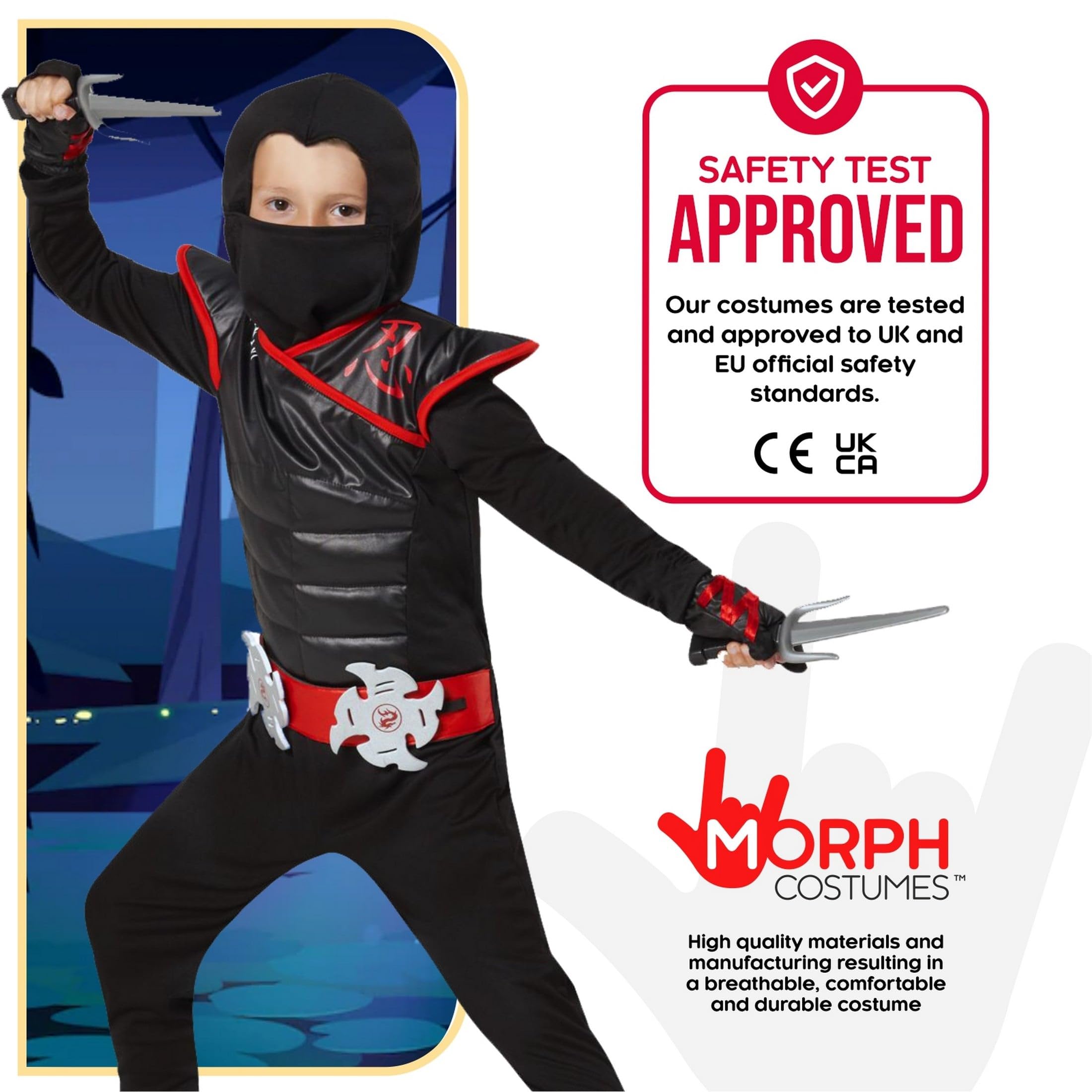 Morph Costume Ninja Bambino, Costume Halloween Bambino | Tuta con Muscoli, Maschera, Guanti, Stelle & Daghe, Cintura Integrata, Perfetto per Halloween, Ideale per il Gioco di Ruolo