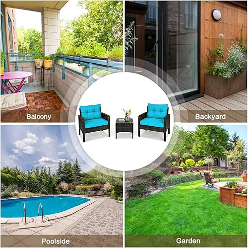 Miniatura 5 de HAPPYGRILL - Juego de 3 muebles de patio de mimbre para exteriores, mesa de centro y sillas con cojines de asiento, juego de conversación para