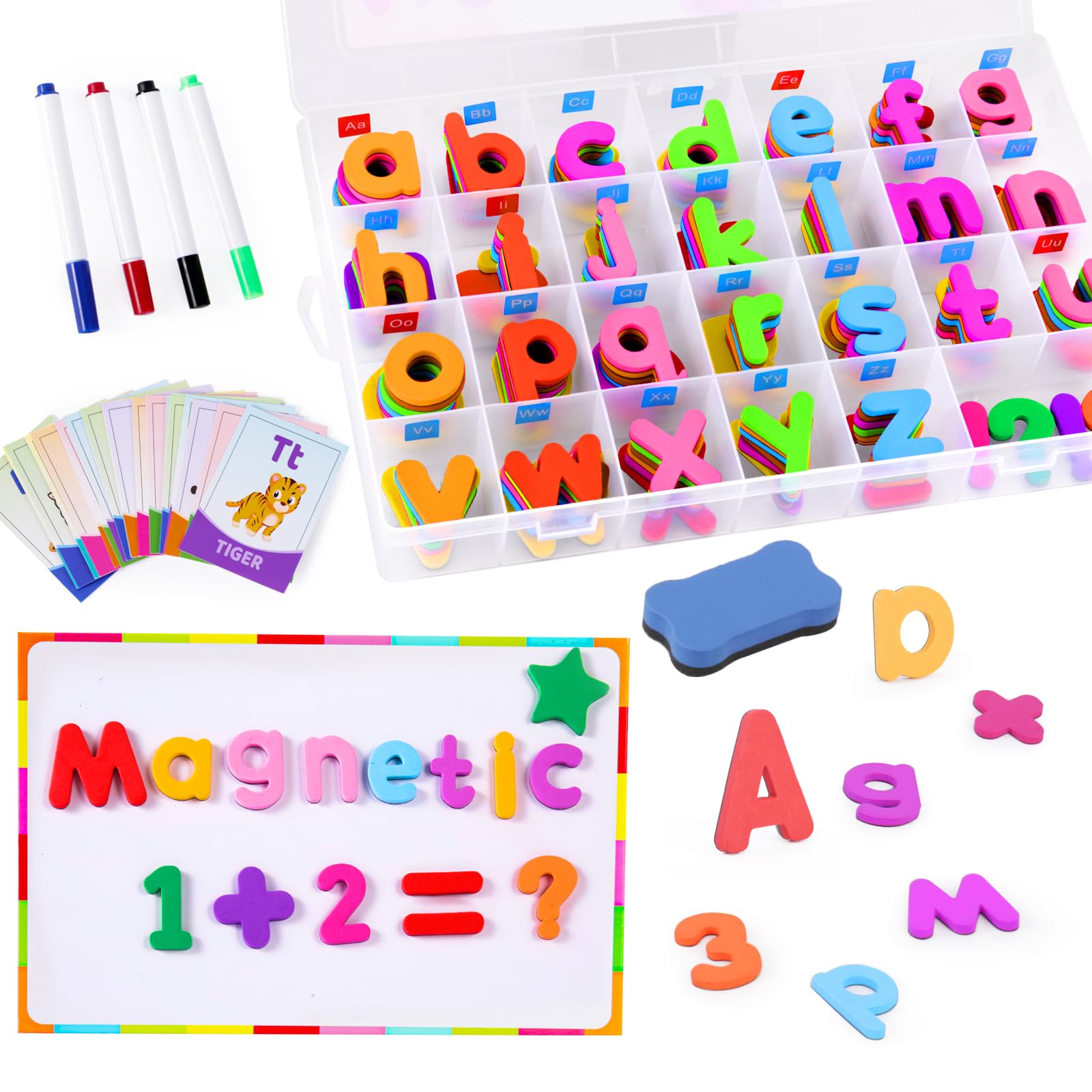 Alphabet Magnetic Letters Magnet Toys for Toddlers Kids, 237 PCS ABC Learning Educational Kit with Dry Erase Board Animals CVC Flash Cards, Classroom Preschool Word Spelling Games Refrigerator Magnets